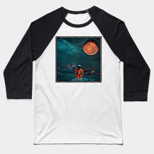 Astronaut Crash Landing on Alien Planet with Orange Moon Baseball T-Shirt